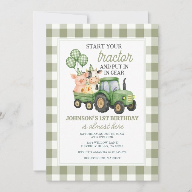 Invitación de cumpleaños número 1 de Tractor Verde (Anverso)
