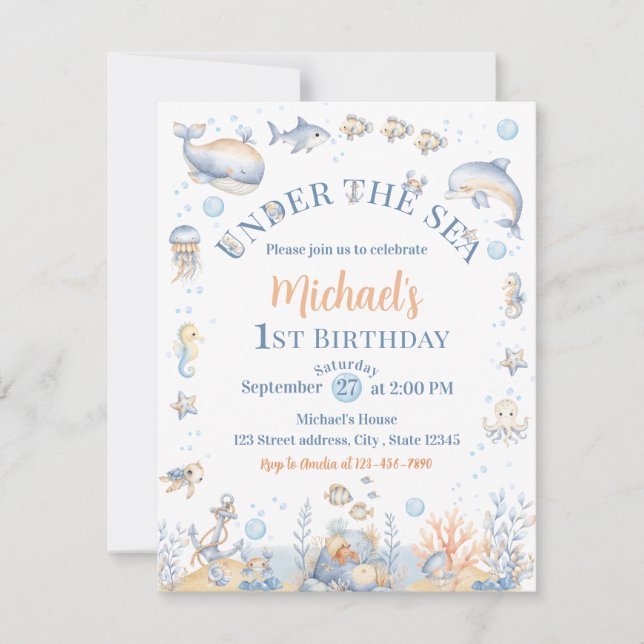 Invitación de cumpleaños número 1 de Under the Sea (Anverso)