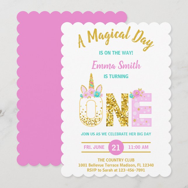 Invitación de cumpleaños número 1 de Unicornio Ros (Anverso / Reverso)