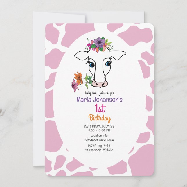 Invitación de cumpleaños número 1 de Vaca Rosa (Anverso)