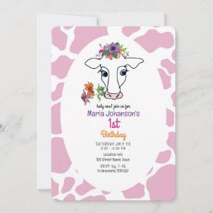 Invitación de cumpleaños número 1 de Vaca Rosa