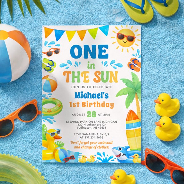 Invitación de cumpleaños número 1 de verano - Uno  (Boy 1st Birthday Invitation - Summer First Birthday Invite - One in the Sun - Editable Template)