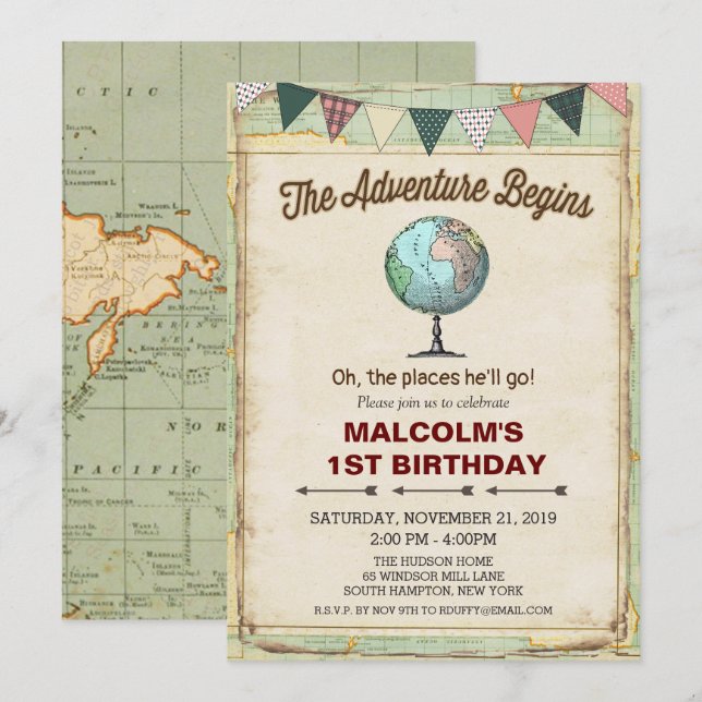 Invitación de cumpleaños número 1 de viaje de glob (Anverso / Reverso)