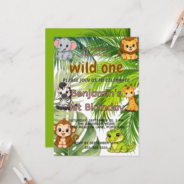 Invitación de cumpleaños número 1 de Wild One Safa (Anverso/Reverso In Situ)