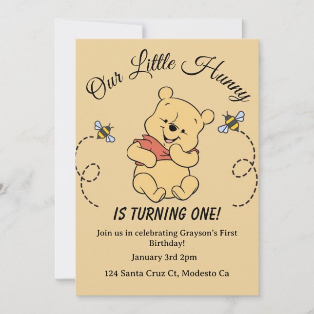 invitación de cumpleaños número 1 de Winnie Pooh (Anverso)