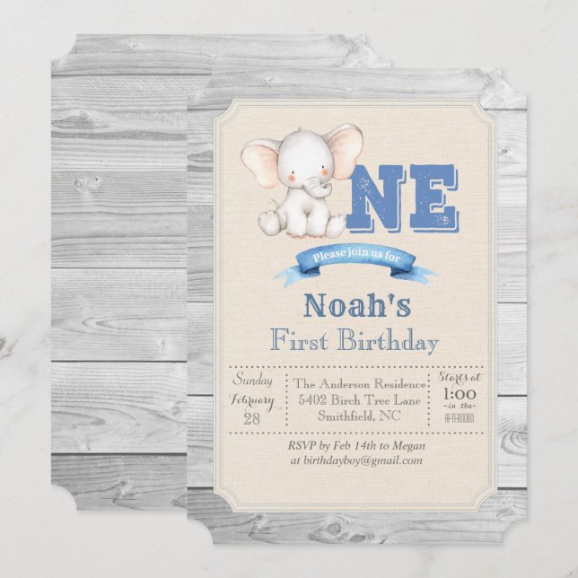 Invitación de cumpleaños número 1 del niño elefant (Anverso / Reverso)