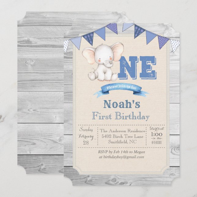 Invitación de cumpleaños número 1 del niño elefant (Anverso / Reverso)