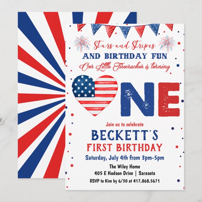 Invitación de cumpleaños número 1 el 4 de julio (Anverso / Reverso)