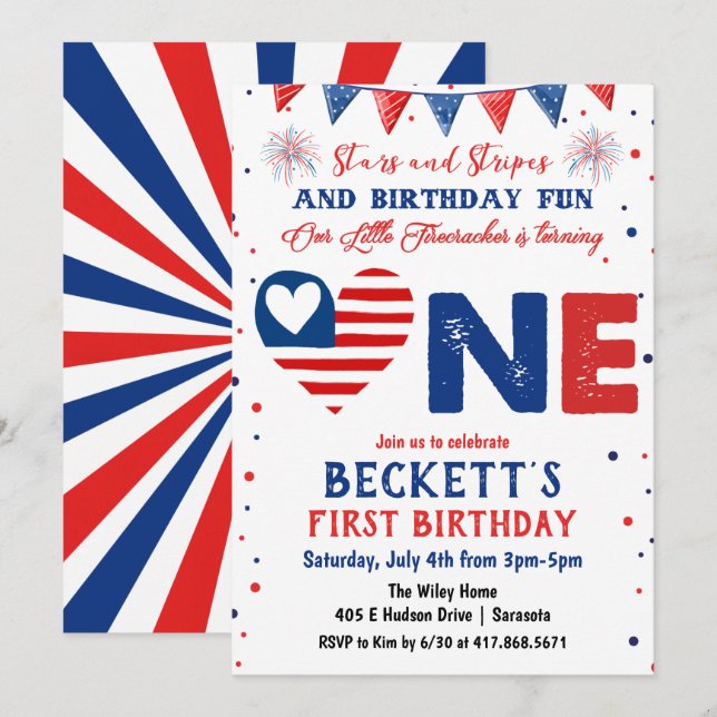 Invitación de cumpleaños número 1 el 4 de julio (Anverso / Reverso)