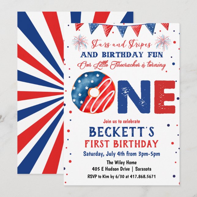 Invitación de cumpleaños número 1 el 4 de julio (Anverso / Reverso)