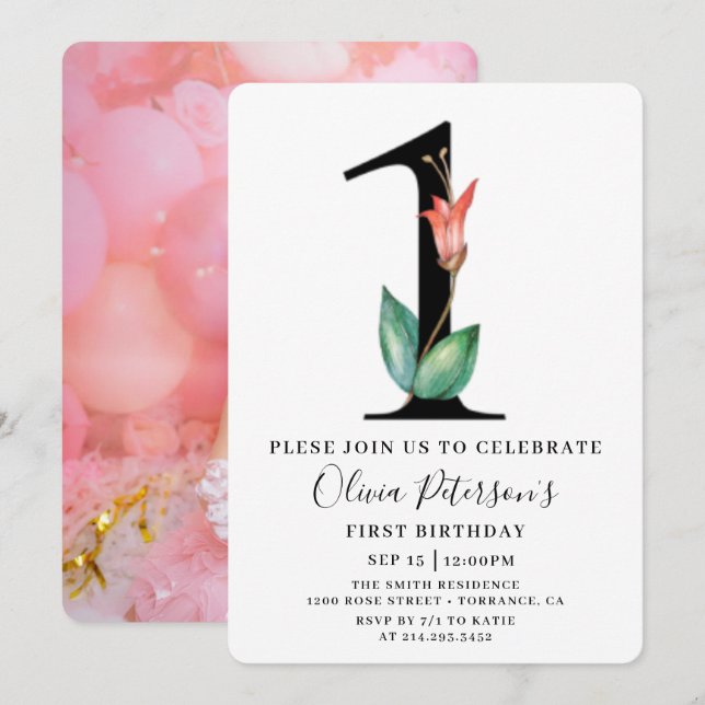 Invitación de cumpleaños número 1 floral con foto  (Anverso / Reverso)