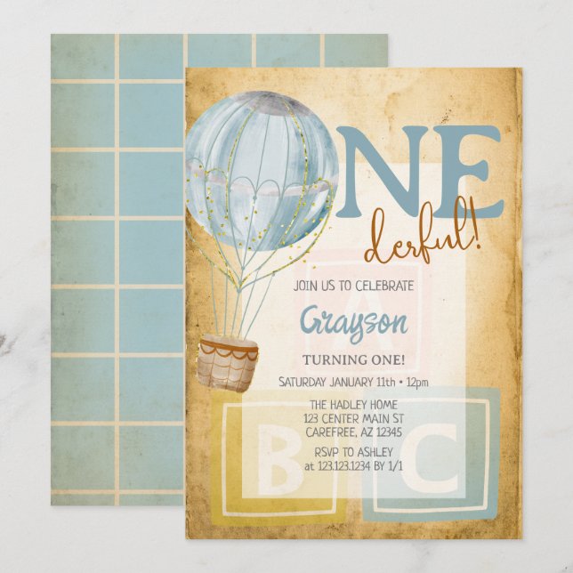 Invitación de cumpleaños número 1 Globo Vintage (Anverso / Reverso)