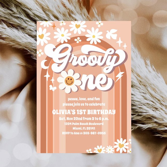 Invitación de cumpleaños número 1 Groovy Daisy Ret (Subido por el creador)