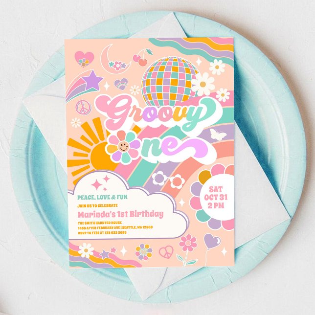 Invitación de cumpleaños número 1 Groovy One Retro (Subido por el creador)