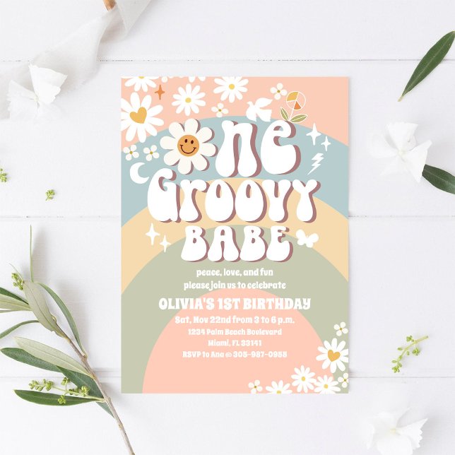 Invitación de cumpleaños número 1 Groovy Rainbow (Subido por el creador)