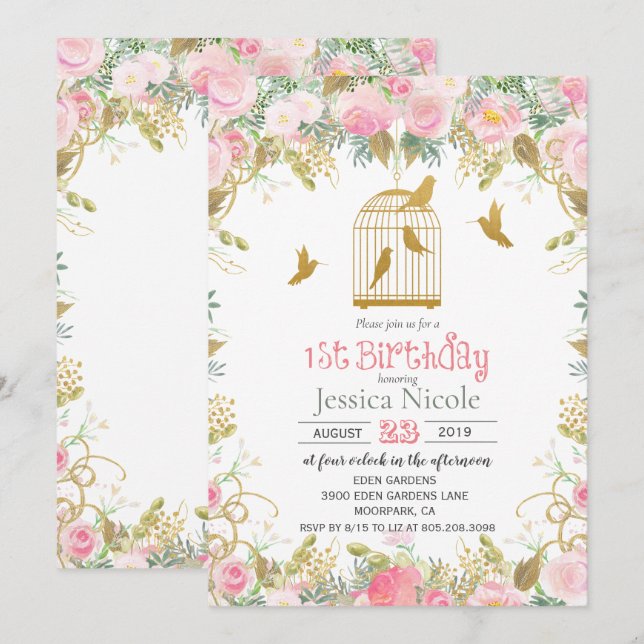 Invitación de cumpleaños número 1 Jaula de pájaros (Anverso / Reverso)