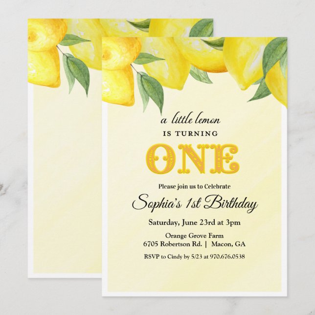 Invitación de cumpleaños número 1 Lemon Lemonade (Anverso / Reverso)