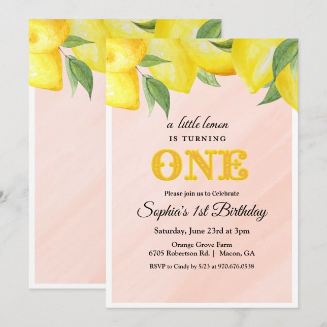 Invitación de cumpleaños número 1 Lemon Lemonade (Anverso / Reverso)