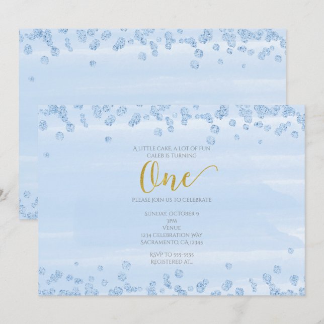 Invitación de cumpleaños número 1 Light Blue & Gol (Anverso / Reverso)