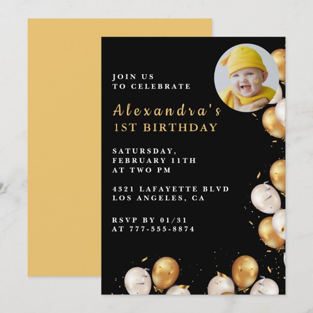 Invitación de cumpleaños número 1 negra Globo dora (Anverso / Reverso)