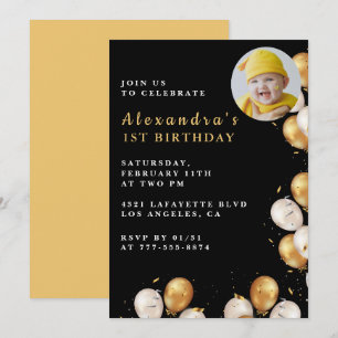 Invitación de cumpleaños número 1 negra Globo dora
