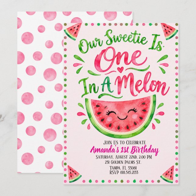 Invitación de cumpleaños número 1 One In A Melon (Anverso / Reverso)