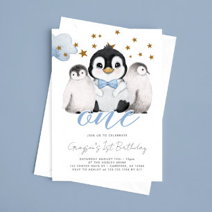 Invitación de cumpleaños número 1 para bebé pingüi
