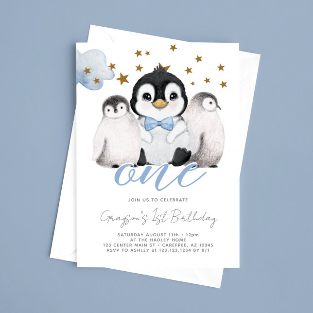 Invitación de cumpleaños número 1 para bebé pingüi (Subido por el creador)