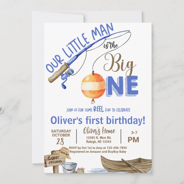 Invitación de cumpleaños número 1 para pescador /  (Anverso)