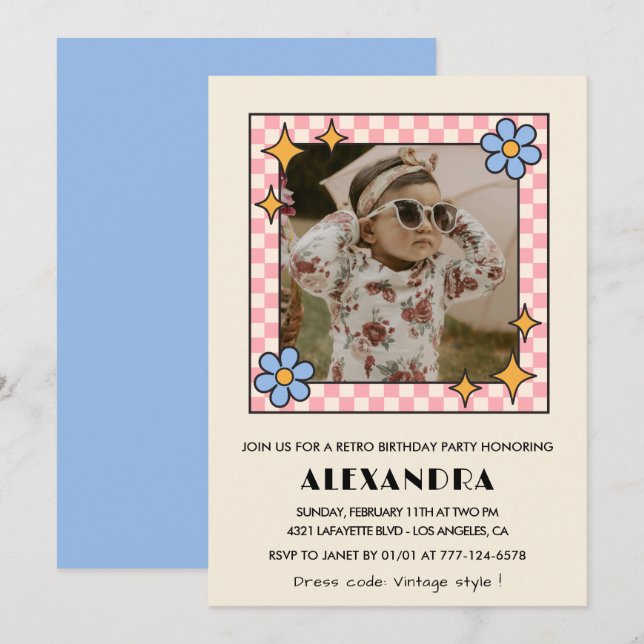 invitación de cumpleaños número 1 Retro Groovy Flo (Anverso / Reverso)
