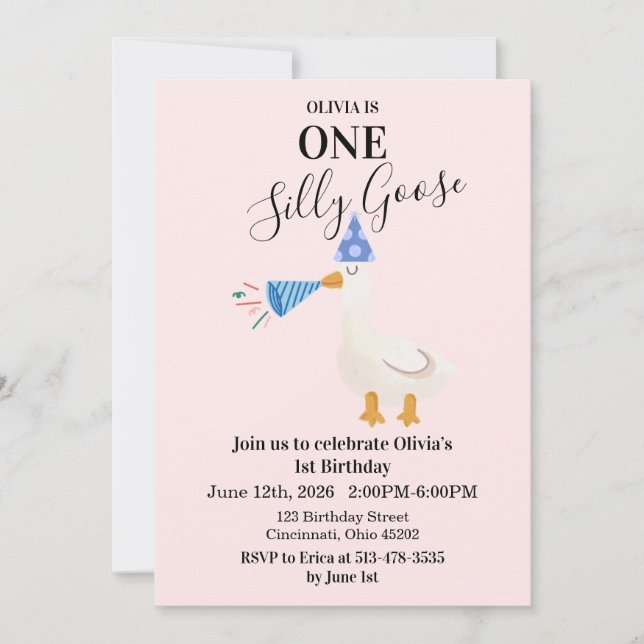 Invitación de cumpleaños número 1 rosa de un ganso (Anverso)