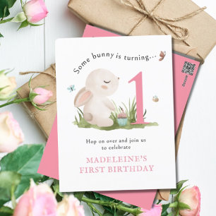 Invitación de cumpleaños número 1 rosa 'Some Bunny