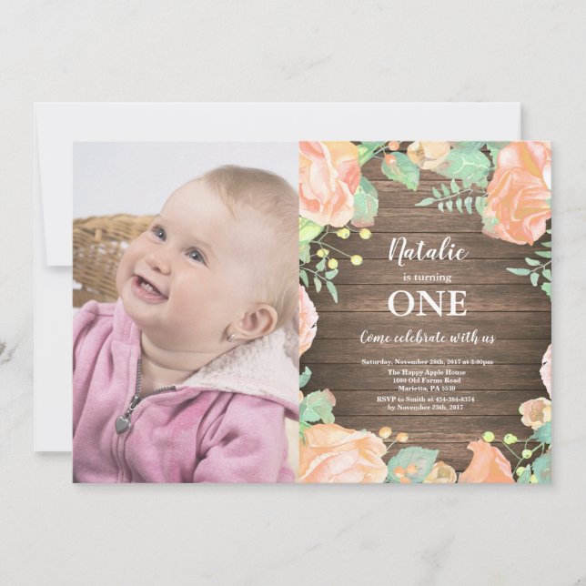 Invitación de cumpleaños número 1 Rustic First con (Anverso)