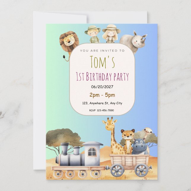 Invitación de Cumpleaños número 1 Safari Azul Boni (Anverso)