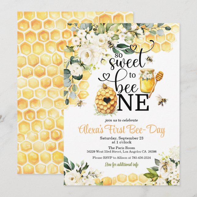 Invitación de cumpleaños número 1 'So Sweet to Bee (Anverso / Reverso)