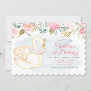 Invitación de cumpleaños número 1 Swan Floral Firs