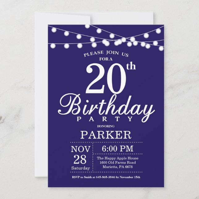 Invitación de cumpleaños número 20 azul marino (Anverso)