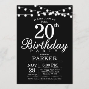 Invitación de cumpleaños número 20 blanco y negro