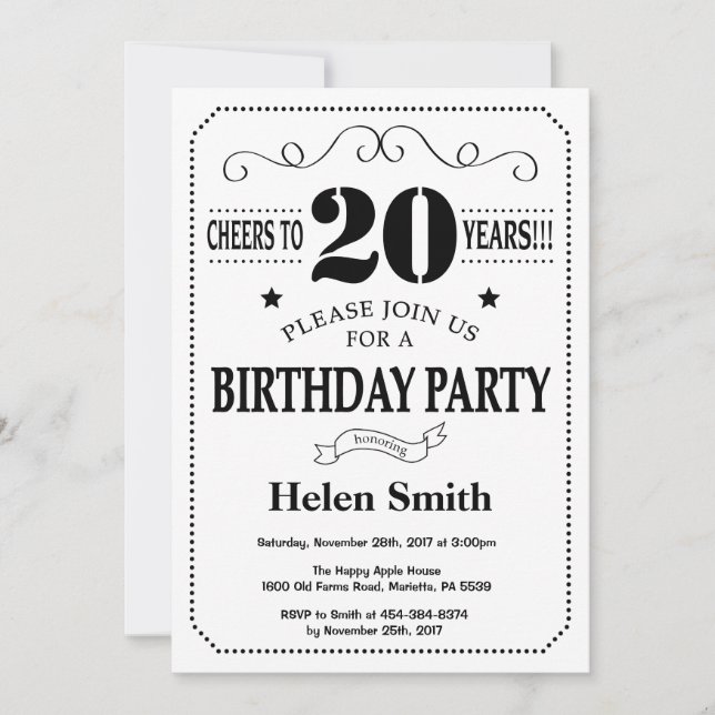 Invitación de cumpleaños número 20 blanco y negro (Anverso)