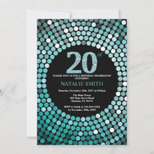 Invitación de cumpleaños número 20 con brillo negr
