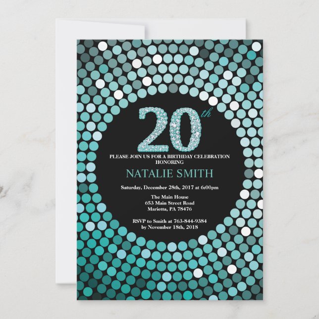 Invitación de cumpleaños número 20 con brillo negr (Anverso)