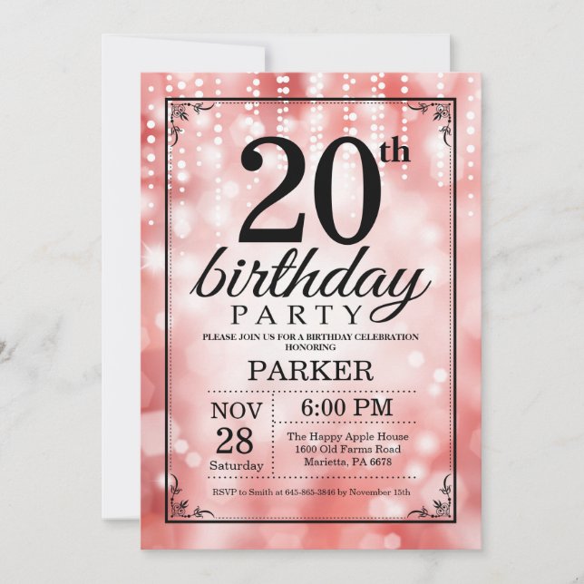 Invitación de cumpleaños número 20 con brillo rojo (Anverso)