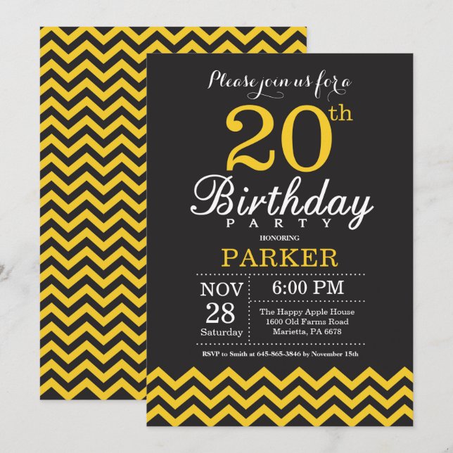 Invitación de cumpleaños número 20 con Chevron neg (Anverso / Reverso)