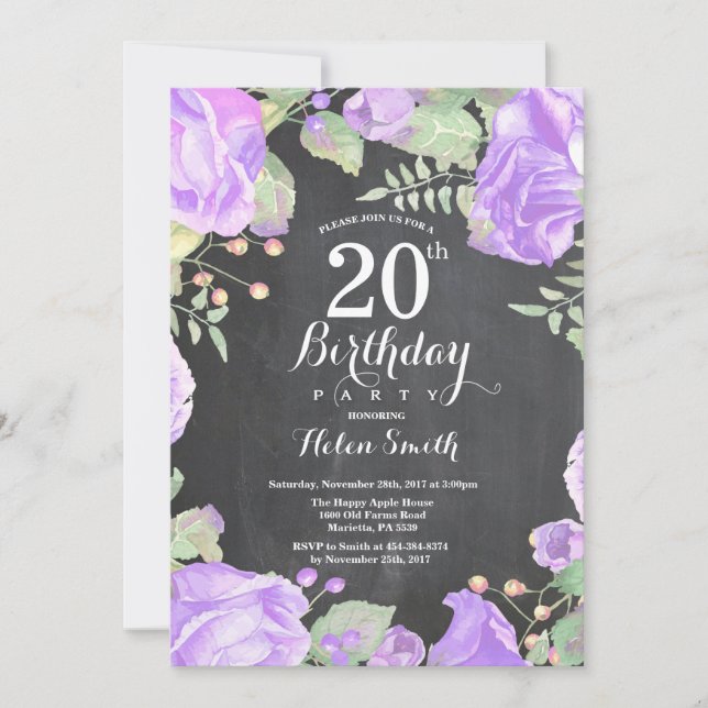 Invitación de cumpleaños número 20 con flores púrp (Anverso)