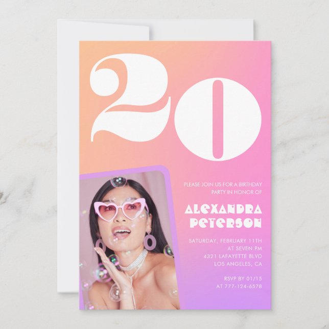 Invitación de cumpleaños número 20 con gradiente r (Anverso)