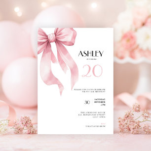 Invitación de cumpleaños número 20 con lazo rosa p