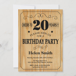 Invitación de cumpleaños número 20 de madera rústi