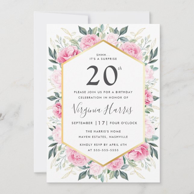 Invitación de cumpleaños número 20 de Pink Floral (Anverso)