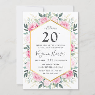 Invitación de cumpleaños número 20 de Pink Floral