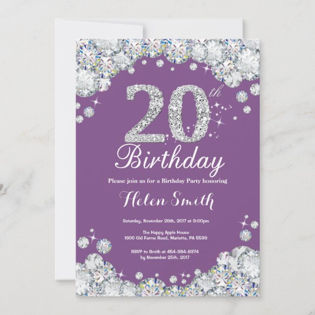 Invitación de cumpleaños número 20 Diamante morado (Anverso)